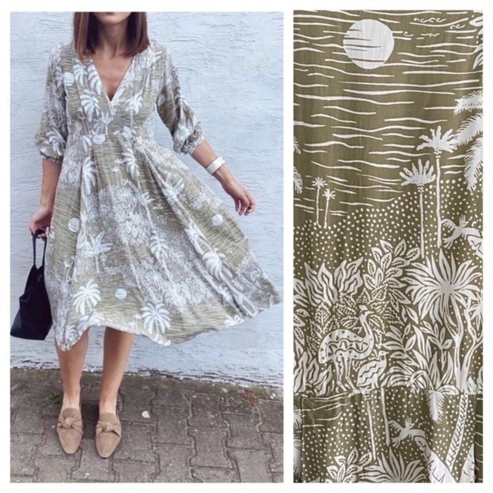 Desmond & Dempsey X H&M Green White Tropical Palm Print Linen Blend Midi Dress S